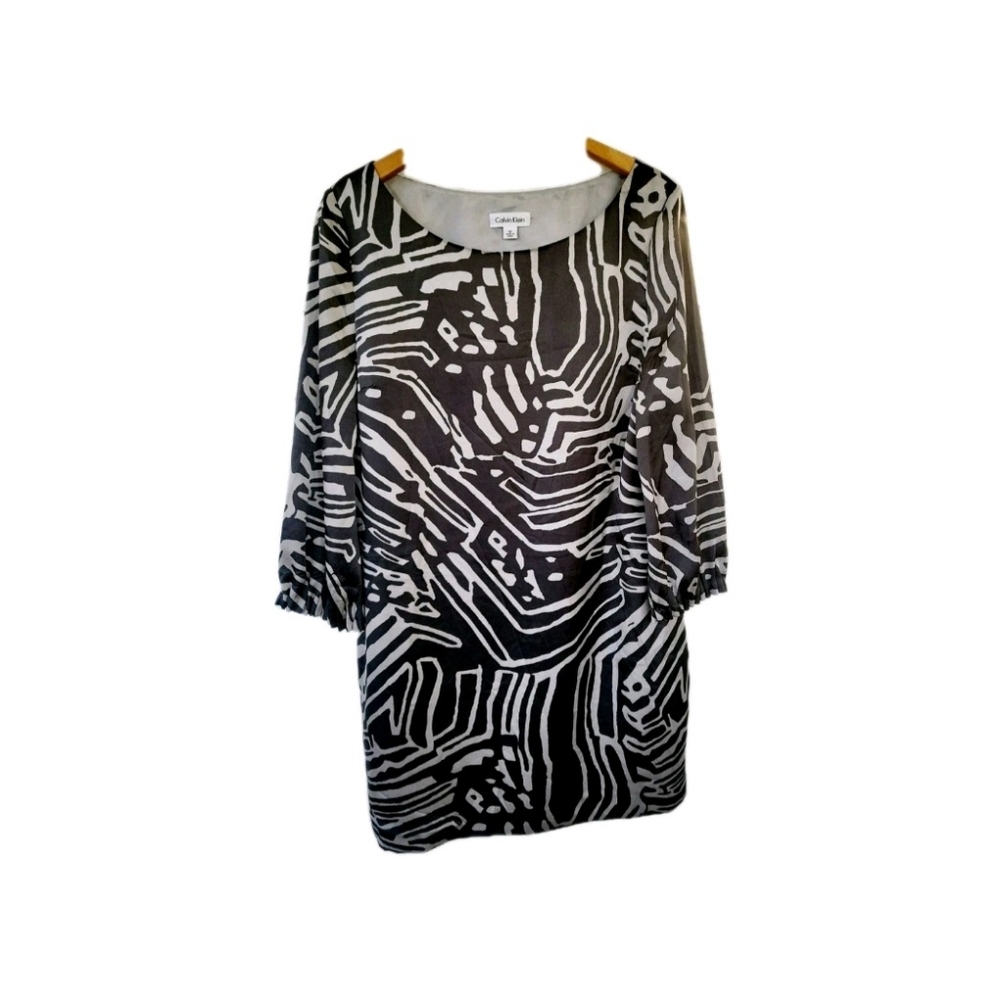Calvin Klein Anthracite Black Gray Abstract Animal Print Midi Dress Sz 12